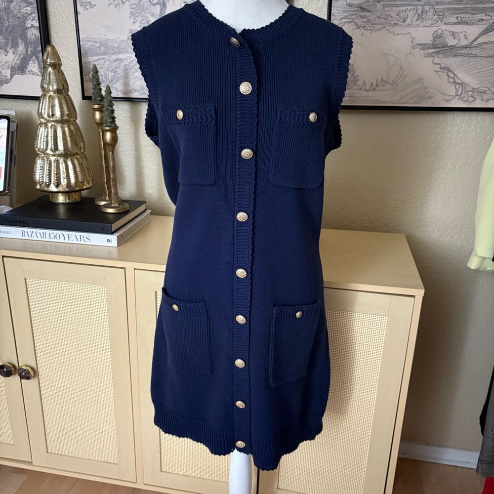 REFORMATION Catalina Cotton‎ Mini Dress In Navy Blue Knit Sleeveless Mini Size L - Picture 3 of 10